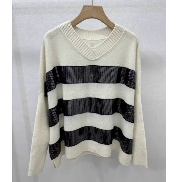 Anthropologie Maeve Cashmere Sequin Sweater XS/S/L Ivory Black Stripe Causal - Picture 5 of 9